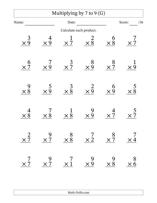 The Multiplying (1 to 9) by 7 to 9 (36 Questions) (G) Math Worksheet