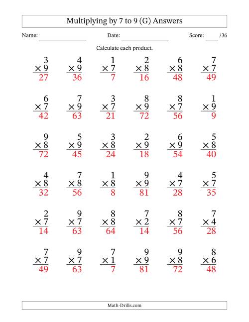 The Multiplying (1 to 9) by 7 to 9 (36 Questions) (G) Math Worksheet Page 2