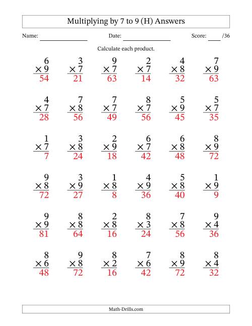 The Multiplying (1 to 9) by 7 to 9 (36 Questions) (H) Math Worksheet Page 2