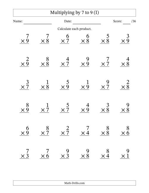 The Multiplying (1 to 9) by 7 to 9 (36 Questions) (I) Math Worksheet