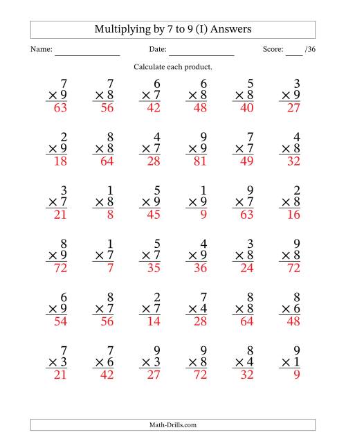 The Multiplying (1 to 9) by 7 to 9 (36 Questions) (I) Math Worksheet Page 2
