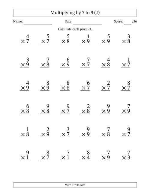 The Multiplying (1 to 9) by 7 to 9 (36 Questions) (J) Math Worksheet