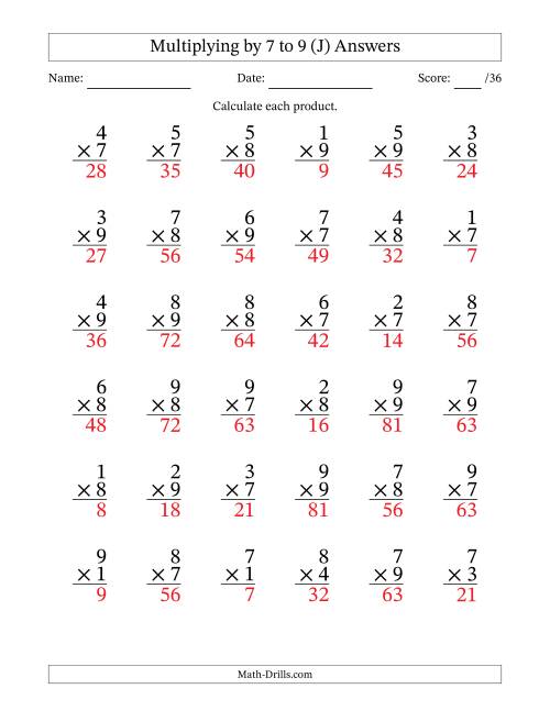 The Multiplying (1 to 9) by 7 to 9 (36 Questions) (J) Math Worksheet Page 2