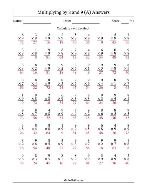 The Multiplying (1 to 9) by 8 and 9 (81 Questions) (A) Math Worksheet Page 2