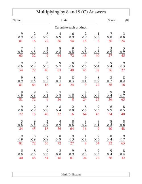 The Multiplying (1 to 9) by 8 and 9 (81 Questions) (C) Math Worksheet Page 2