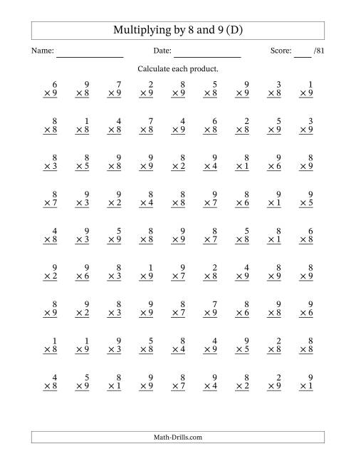 The Multiplying (1 to 9) by 8 and 9 (81 Questions) (D) Math Worksheet