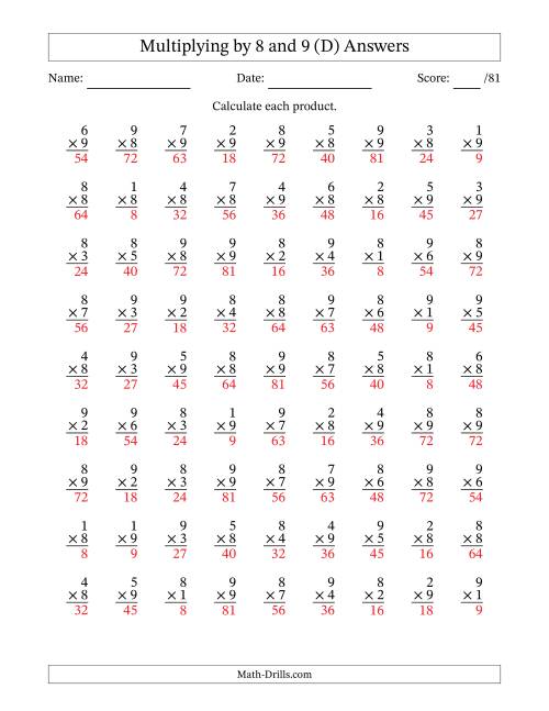 The Multiplying (1 to 9) by 8 and 9 (81 Questions) (D) Math Worksheet Page 2
