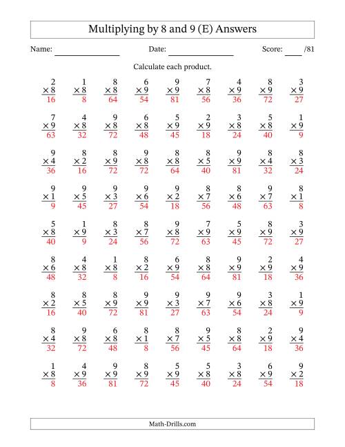 The Multiplying (1 to 9) by 8 and 9 (81 Questions) (E) Math Worksheet Page 2