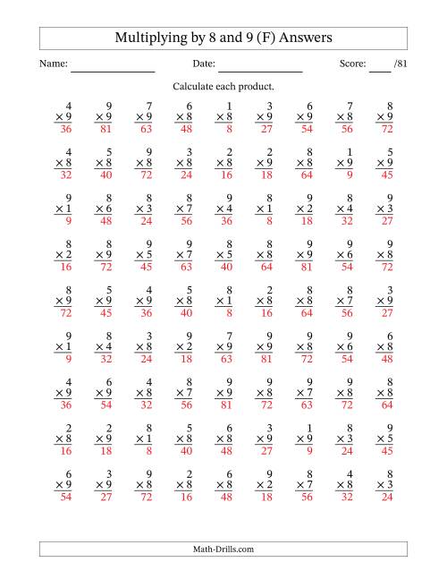 The Multiplying (1 to 9) by 8 and 9 (81 Questions) (F) Math Worksheet Page 2