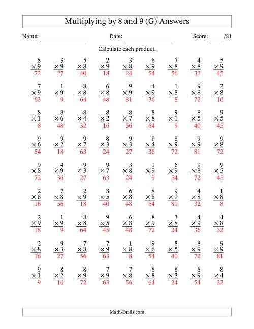 The Multiplying (1 to 9) by 8 and 9 (81 Questions) (G) Math Worksheet Page 2