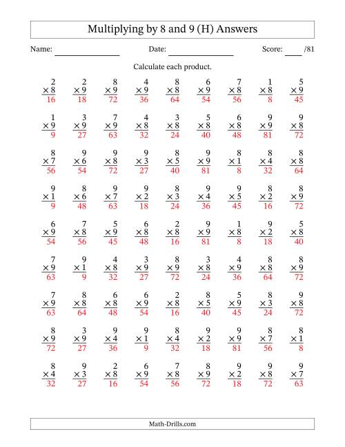 The Multiplying (1 to 9) by 8 and 9 (81 Questions) (H) Math Worksheet Page 2