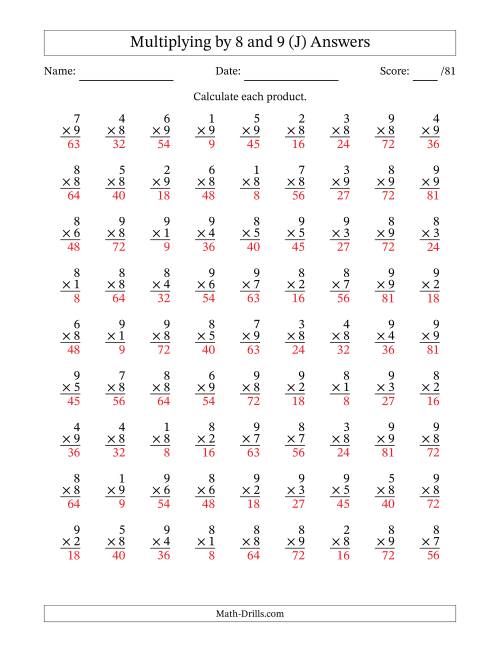 The Multiplying (1 to 9) by 8 and 9 (81 Questions) (J) Math Worksheet Page 2