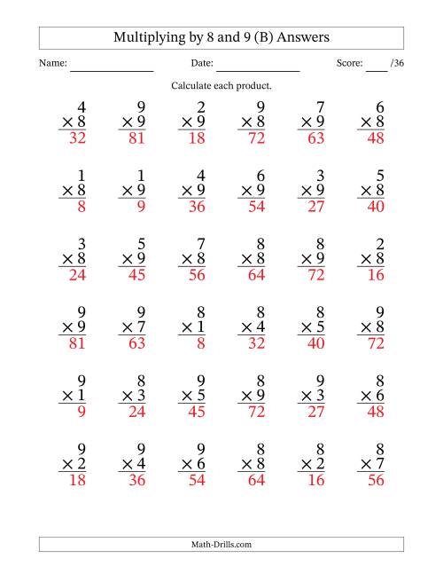 The Multiplying (1 to 9) by 8 and 9 (36 Questions) (B) Math Worksheet Page 2