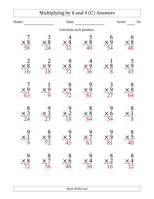 The Multiplying (1 to 9) by 8 and 9 (36 Questions) (C) Math Worksheet Page 2