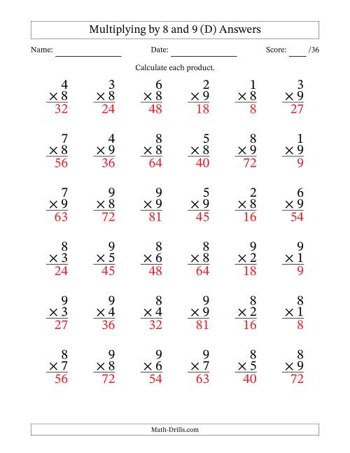 The Multiplying (1 to 9) by 8 and 9 (36 Questions) (D) Math Worksheet Page 2