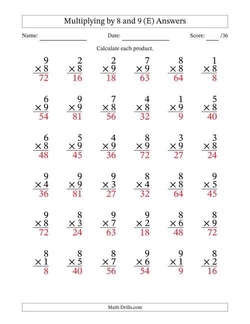 The Multiplying (1 to 9) by 8 and 9 (36 Questions) (E) Math Worksheet Page 2