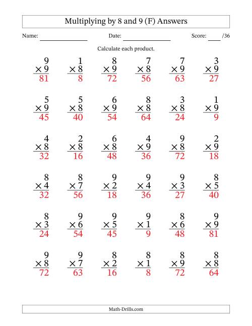 The Multiplying (1 to 9) by 8 and 9 (36 Questions) (F) Math Worksheet Page 2