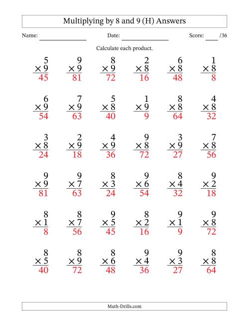 The Multiplying (1 to 9) by 8 and 9 (36 Questions) (H) Math Worksheet Page 2