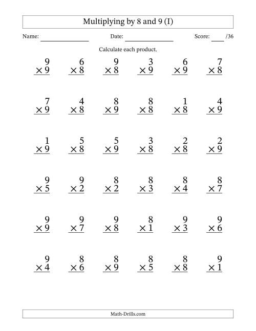 The Multiplying (1 to 9) by 8 and 9 (36 Questions) (I) Math Worksheet
