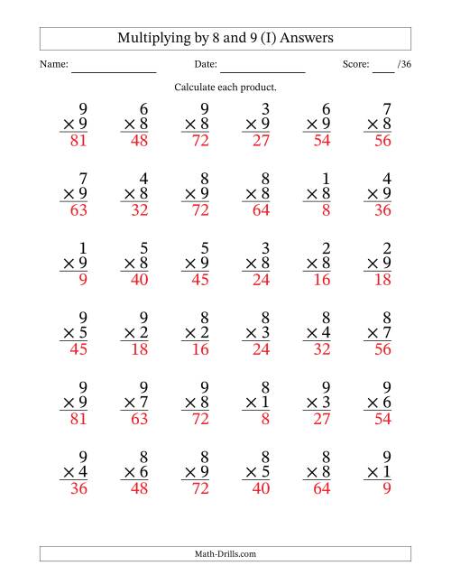The Multiplying (1 to 9) by 8 and 9 (36 Questions) (I) Math Worksheet Page 2