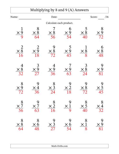 The Multiplying (1 to 9) by 8 and 9 (36 Questions) (All) Math Worksheet Page 2