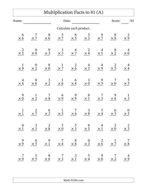 The Multiplication Facts to 81 (81 Questions) (With Zeros) (A) Math Worksheet