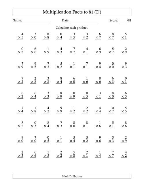 The Multiplication Facts to 81 (81 Questions) (With Zeros) (D) Math Worksheet