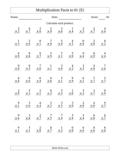 The Multiplication Facts to 81 (81 Questions) (With Zeros) (E) Math Worksheet
