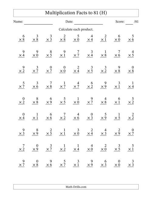 The Multiplication Facts to 81 (81 Questions) (With Zeros) (H) Math Worksheet