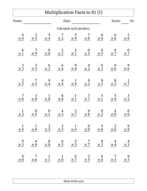 The Multiplication Facts to 81 (81 Questions) (With Zeros) (I) Math Worksheet