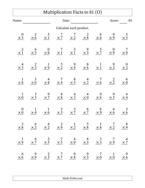 The Multiplication Facts to 81 (81 Questions) (With Zeros) (O) Math Worksheet