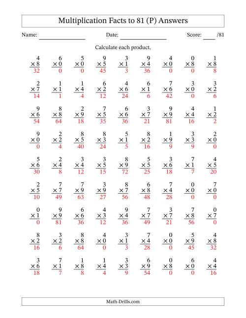 The Multiplication Facts to 81 (81 Questions) (With Zeros) (P) Math Worksheet Page 2