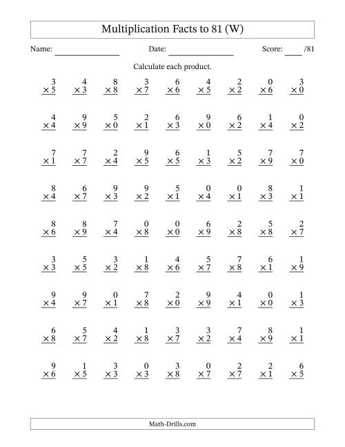The Multiplication Facts to 81 (81 Questions) (With Zeros) (W) Math Worksheet