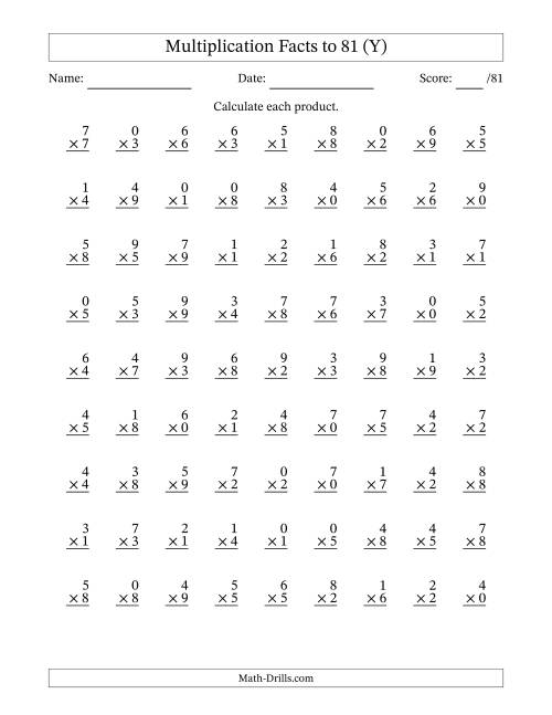 The Multiplication Facts to 81 (81 Questions) (With Zeros) (Y) Math Worksheet