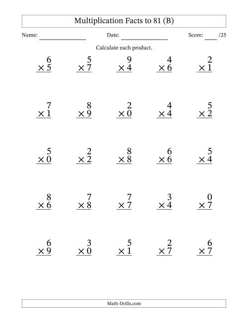 The Multiplication Facts to 81 (25 Questions) (With Zeros) (B) Math Worksheet
