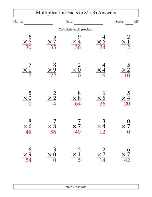 The Multiplication Facts to 81 (25 Questions) (With Zeros) (B) Math Worksheet Page 2