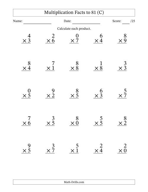 The Multiplication Facts to 81 (25 Questions) (With Zeros) (C) Math Worksheet