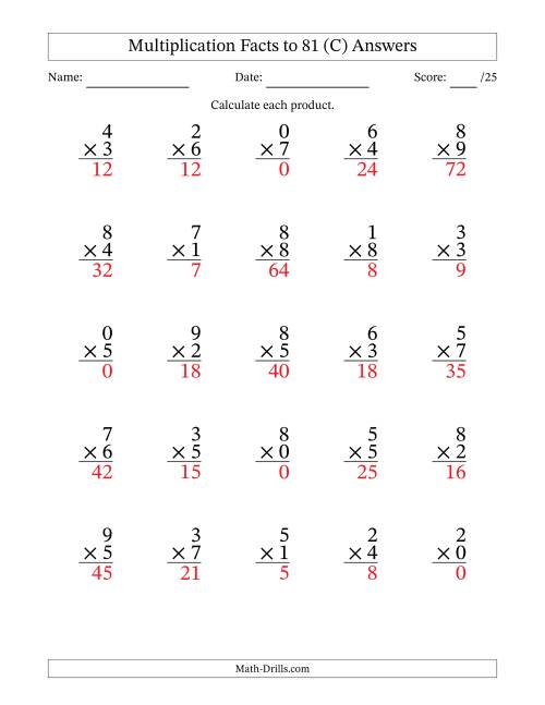 The Multiplication Facts to 81 (25 Questions) (With Zeros) (C) Math Worksheet Page 2