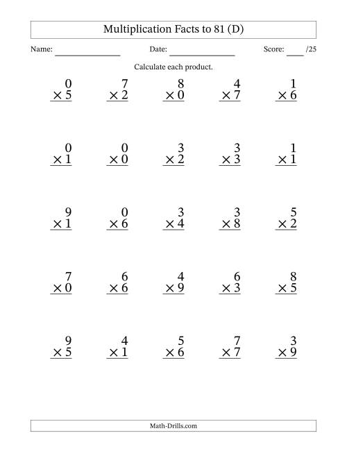 The Multiplication Facts to 81 (25 Questions) (With Zeros) (D) Math Worksheet