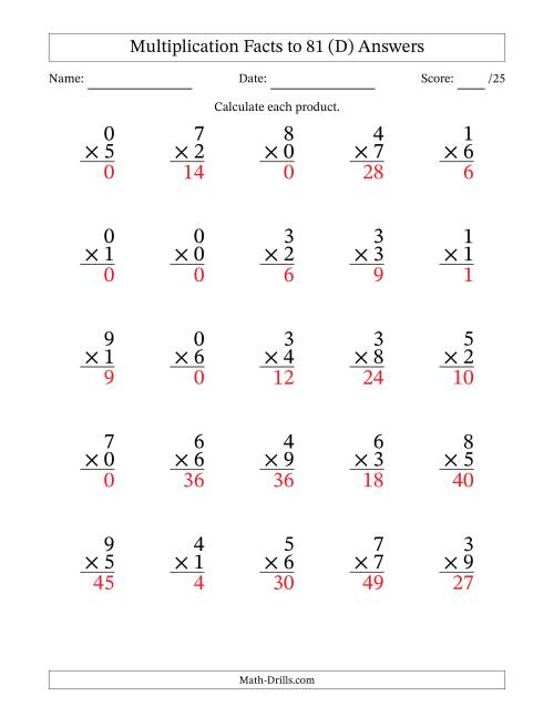 The Multiplication Facts to 81 (25 Questions) (With Zeros) (D) Math Worksheet Page 2