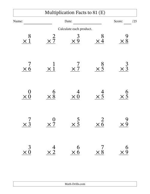 The Multiplication Facts to 81 (25 Questions) (With Zeros) (E) Math Worksheet