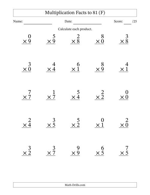 The Multiplication Facts to 81 (25 Questions) (With Zeros) (F) Math Worksheet