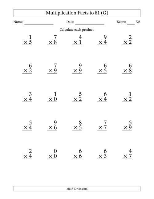 The Multiplication Facts to 81 (25 Questions) (With Zeros) (G) Math Worksheet
