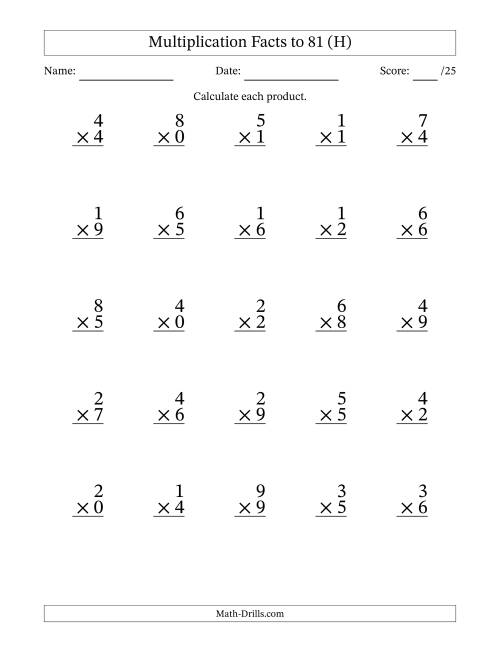 The Multiplication Facts to 81 (25 Questions) (With Zeros) (H) Math Worksheet