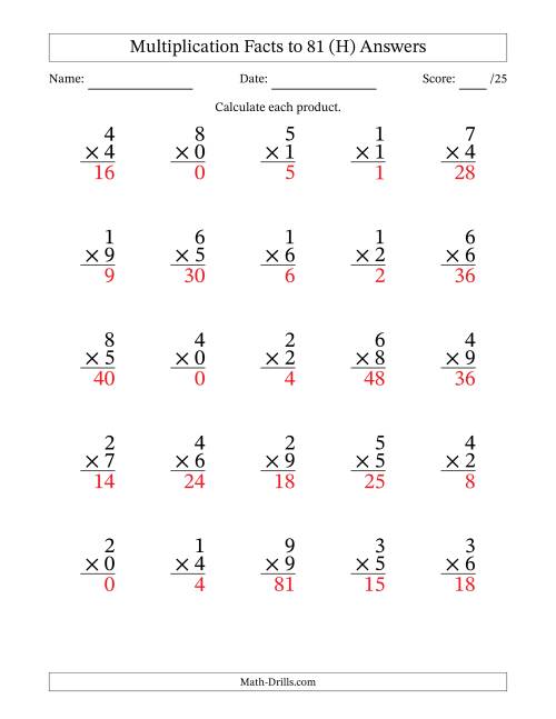 The Multiplication Facts to 81 (25 Questions) (With Zeros) (H) Math Worksheet Page 2