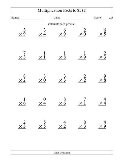 The Multiplication Facts to 81 (25 Questions) (With Zeros) (I) Math Worksheet