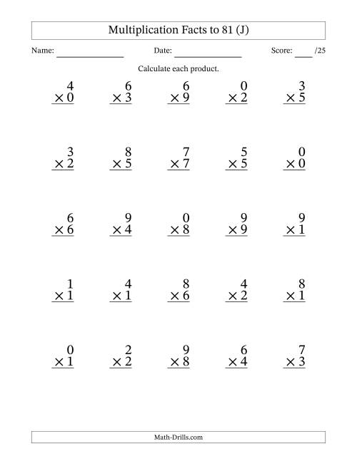 The Multiplication Facts to 81 (25 Questions) (With Zeros) (J) Math Worksheet