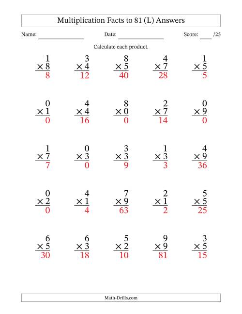 The Multiplication Facts to 81 (25 Questions) (With Zeros) (L) Math Worksheet Page 2