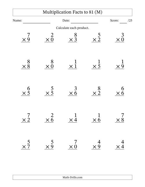 The Multiplication Facts to 81 (25 Questions) (With Zeros) (M) Math Worksheet