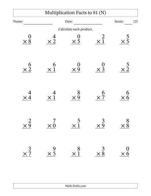 The Multiplication Facts to 81 (25 Questions) (With Zeros) (N) Math Worksheet
